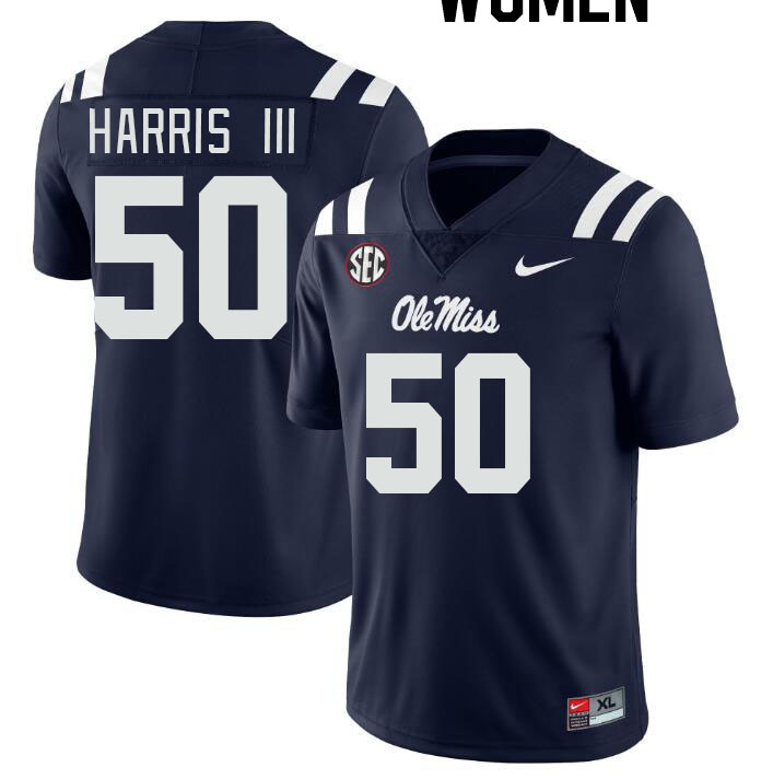 Women #50 Tres Harris III Ole Miss Rebels College Football Jerseyes Stitched Sale-Navy - Click Image to Close